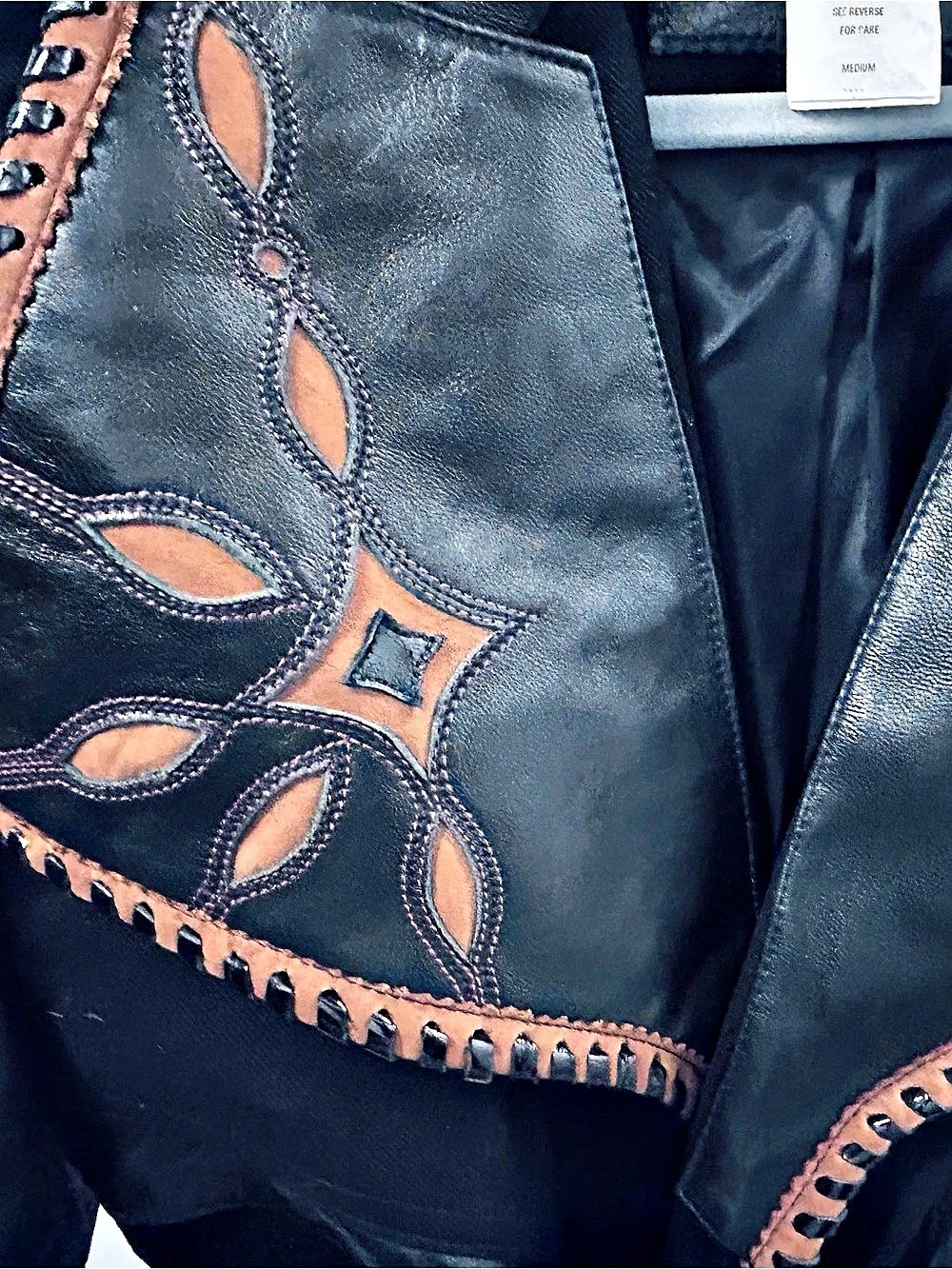 Vintage CACHE Leather & Cotton Embroidered Leather Cotton Jacket Y2K 90’s Native - Picture 11 of 12